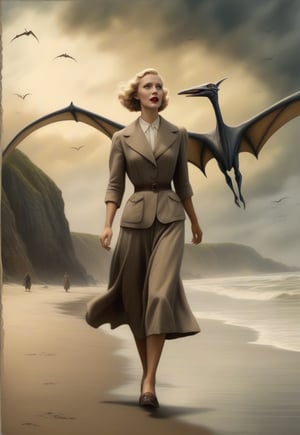 1930s, Pteranodon flies over a blonde British woman, scaring her into fleeing, on the spooky beach, realistic, detailed, horror movie-esque, surreal, masterpiece