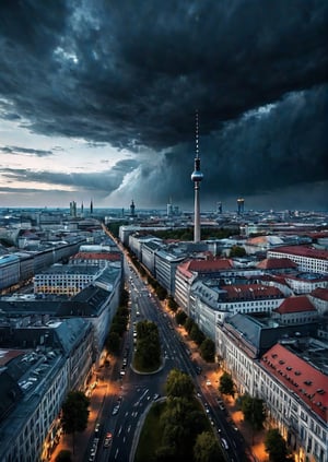 Panoramic view, Berlin, Germany, eerie sky, dramatic angles, realistic and detailed action movie style, surreal, masterpiece,
