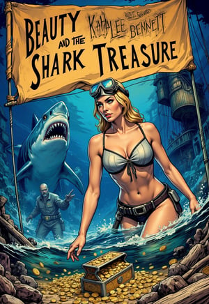 (modern adventure movie poster: 1.3), (big title, Beauty and the Shark Treasure, subtitles: 1.3), (Kathleen Bennett: 1.3), (main image, a beautiful blonde bikini woman with diving gear explores the ocean floor. she finds a sunken ship filled with gold and silver treasure, but sharks are swarming all around: 1.2), a creepy sunken ship and a man overlaps,illustrated