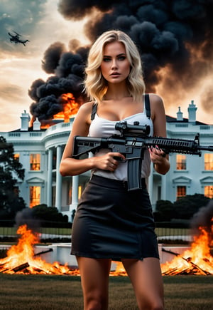 Beautiful american blonde woman, machine gun in hand, in front of the burning American White House presidential residence, eerie sky, dramatic angle, realistic and detailed horror movie style, surreal, masterpiece,