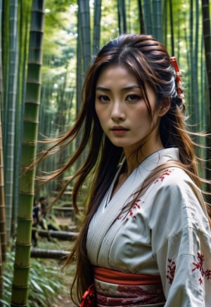 Beautiful Japanese shrine maiden woman, award-winning beautiful face, long hair blowing in the wind, charming and beautiful, ((too many zombies attack her)), 8k, raw, high resolution, masterpiece, hdr, in bamboo forest, film still, horror movie still, cinematic, horror movie still