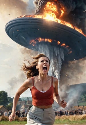 beautiful British woman screaming in fear, lots of peoples running in the background, dramatic angle, perfect female anatomy, realistic and detailed, movie style, super realistic, in front of the big UFO destroying the village to rays, village on big fire, masterpiece,