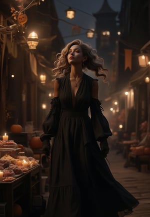 One girl, elegant woman, walking through town on Halloween night, wavy ponytail hair, looking up, sexy black Halloween dress, Halloween theme, candy collection setting, streetscape dotted with candles