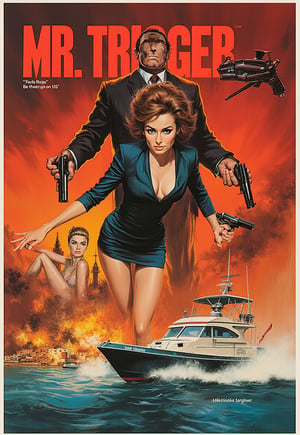 (Spy action movie poster: 1.3), (Big title, Mr. Trigger appears out of nowhere, subtitles: 1.3), (Glenn Carter: 1.3), (Cool British spy agent saves sexy blonde and escapes from bombed out terrorist fortress by boat: 1.2), (Gorgeous, acrobatic, exhilarating action: 1.1)