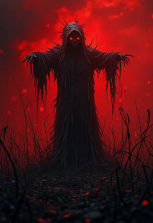 An eerie scarecrow stands silhouetted against a bold, blood-red sky, its form almost entirely shrouded in shadow. The intensity of the setting creates an overwhelming sense of drama and danger that exudes an unfathomable sense of dread and menace. The jagged black grass beneath his feet seems to grow out of the darkness itself, blending seamlessly with the scarecrow's shadowy form as the ground seems to pull the viewer into the night sky.