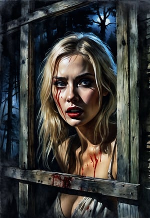 Complex horror movie, naked beautiful Ukrainian blonde woman looks through the window of her cabin in the woods at midnight and notices creepy zombies approaching the cabin, in fear, dramatic movement, atmosphere, cinematography, photography, pencil, watercolor, bright and rich colors, Gabriel Dello, Charles Victor Tillion, Karl Eugen Kiel, Carl Lundgren, pencil drawing, ((Close-up angle))