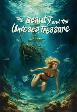 (modern adventure movie poster: 1.3), (big title, Beauty and the Undersea Treasure, subtitles: 1.3), (Kathleen Bennett: 1.3), (main image, a beautiful blonde bikini woman explores the ocean floor with flippers and a snorkel. She finds a sunken ship filled with gold and silver treasure, but sharks are swarming all around: 1.2), A creepy sunken ship overlaps,pavsok Style