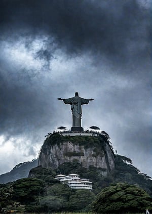 landscape, Christ the Redeemer statue in Rio de Janeiro, Brazil, eerie sky, dramatic angles, realistic and detailed action movie style, surreal, masterpiece,