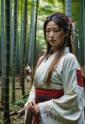 ((full body angle)), Beautiful Japanese shrine maiden woman, award-winning beautiful face, long hair blowing in the wind, charming and beautiful, ((too many zombies attack her)), 8k, raw, high resolution, masterpiece, hdr, in bamboo forest, film still, horror movie still, cinematic, horror movie still