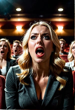 beautiful blonde British woman, she open ayes wide and screams in fear. dramatic angle and pose, realistic detailed horror movie style, ultra realistic, sitting in a dimly lit cinema auditorium, masterpiece, (full body angle),