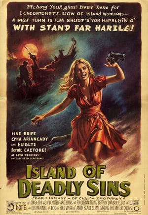 Old, Vintage: 1.2), (Action Movie Poster: 1.3), (Big Title, Island of Deadly Sins, Subtitles: 1.3), (Britt Lind: 1.3), (Britt Lind, a beautiful blonde woman, encounters a group of men attacking a frightened woman at night in the island's harbor, and Brit shoots them dead with a handgun: 1.2), (Creepy, Shadow, Gloomy, Dark Atmosphere: 1.1)