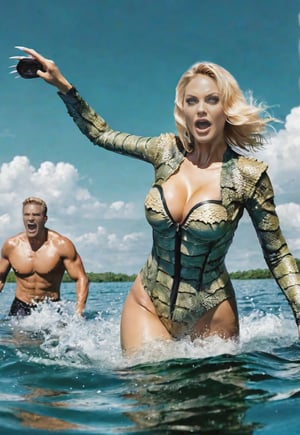 from sea level giant gill-man atack a ((white one piece swimsui)) beautiful blonde Ukrainian woman, on lagoon swimming, she freaks out and shout, dramatic angles and poses, perfect female anatomy, realistic, detailed, action movie poster style, surreal, on lagoon, masterpiece,