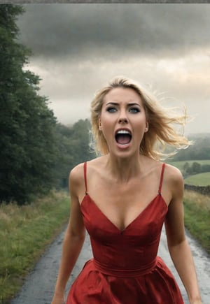 A complex horror film. A beautiful, slender, blonde, 26 year old British woman screams in terror, eyes wide open. ((A spooky, misty English country road, waist-high close-up of a frightened, frantic screaming woman in the foreground at the bottom of the frame, a large UFO hovers in the sky in the background.) Dramatic movement, atmosphere, cinematography, photography, pencil, watercolor, bright, rich colors, Gabriele Dello, Charles Victor Tillion, Karl Eugen Kiel, Carl Lundgren, pencil drawing