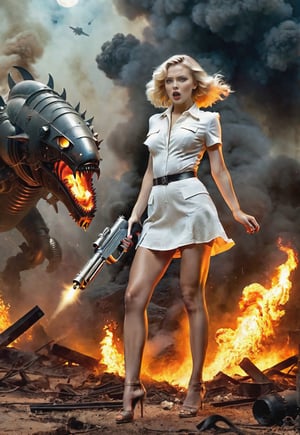 1930s, few space monsters attack a blonde Ukrainian woman standing with a ray gun, she freaks out, bare feet, dramatic angles and poses, perfect female anatomy, realistic, detailed, horror movie style, surreal, night martian wasteland, big Explosive Flames, masterpiece,