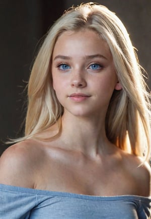 Skin tight top: 1.2, viewer perspective, cinematic lighting, perfect soft light, high resolution skin: 1.2, realistic skin texture, 12 year old American blonde girl, small face, no makeup, off-shoulder, sagging, small breasts, blue eyes, long hair, blonde hair, standing pose, whole body angle,