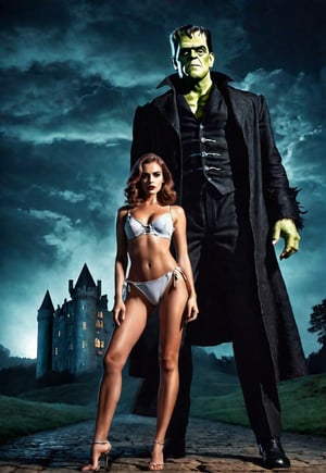 Beautiful English woman and Frankenstein's monster, she standing barefoot, dramatic angle and pose, perfect female anatomy, realistic and detailed, retro horror movie poster style, surreal, spooky old castle at night, masterpiece,