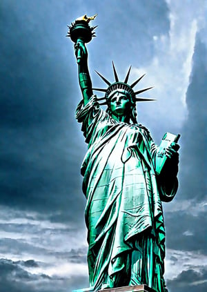 America, Statue of Liberty, eerie sky, dramatic angles, realistic and detailed action movie style, surreal, masterpiece,