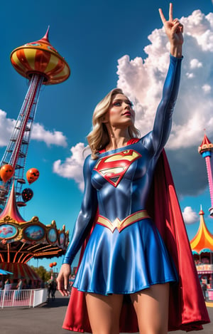 ((Full body angle:1.4)), supergirl, a hand up, Standing in front of the spooky amusement park,sky at clouds with ufo, landscape, masterpiece, best quality, ultra-detailed, high resolution 8K),perfect,High detailed,perfecteyes
