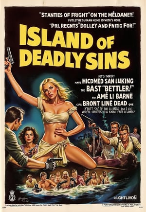 Old, Vintage: 1.2), (Action Movie Poster: 1.3), (Big Title, Island of Deadly Sins, Subtitles: 1.3), (Britt Lind: 1.3), (Britt Lind, a beautiful blonde woman, encounters a group of men attacking a frightened woman at night in the island's harbor, and Brit shoots them dead with a handgun: 1.2), (Creepy, Shadow, Gloomy, Dark Atmosphere: 1.1)