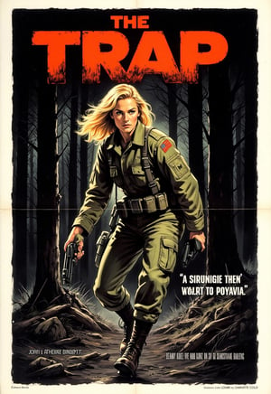 (suspense Horror Movie Poster: 1.3), (big Title, THE TRAP, Subtitle: 1.3), (Catherine Bennet: 1.3), (Main Image, beautiful blonde women soldier In the forest, attack from mysterious hunters other soldiers are also snipered one after another, and women who survive the last confrontation and those who survive, the hunters lurking in the eerie forest overlaped.,illustrated