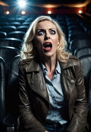 a 50 years old Beautiful blonde British zombie woman sitting in a dimly lit cinema auditorium, (open big wide eyes and mouth very big wide screams in fear), unconscious, dramatic angles and poses, perfect female anatomy, realistic and detailed horror movie poster style, surreal, masterpiece, full body angle,