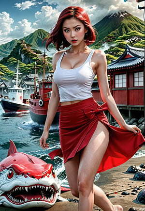 too many Japanese Yokai monsters attack a ((white tank-top and red skirt)) white-skinned beautiful British woman, she in fear, wide-open eyes, barefoot, dramatic angles and poses, perfect female anatomy, realistic and detailed, retro horror movie Style, creepy midnight of Japanese fisherman's village island harbor, super realistic, masterpiece,