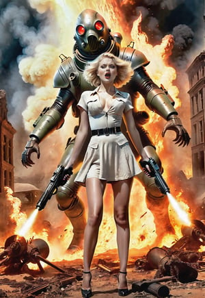 1930s, few space monsters attack a blonde Ukrainian woman standing with a ray gun, she freaks out, bare feet, dramatic angles and poses, perfect female anatomy, realistic, detailed, horror movie style, surreal, night martian wasteland, big Explosive Flames, masterpiece,