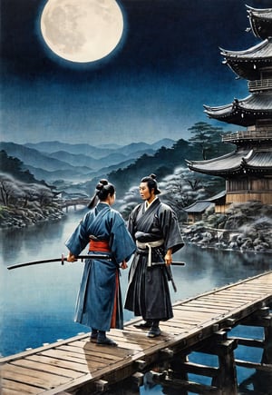 A complex action movie from the Edo period. opposing samurai and female ninja, facing each other and holding swords, on a wooden bridge over a river in a Japanese castle town, full-moon night, historical drama, dramatic movement, tension, atmosphere, cinematography, photography , pencil, watercolor, bright, rich colors, Gabriele Delotto, Charles Victor Tillion, Karl Eugen Kiel, Karl Lundgren, pencil drawing