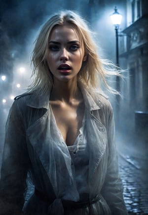 Complex horror movie, beautiful Ukrainian blonde woman is attacked by a creepy ghost from the fog in the middle of the night, horror, dramatic movement, foggy street corner, atmosphere, cinematography, photography, pencil, watercolor, bright and rich colors, Gabriele Dello, Charles Victor Tillion, Karl Eugen Kiel, Carl Lundgren, pencil drawing, ((Close-up angle))