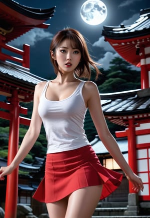 too many Japanese Yokai monsters attack a (white tank-top and red skirt)) white-skinned beautiful British woman, very small tits, she scream in fear, wide-open eyes, barefoot, dramatic angles and poses, perfect female anatomy, realistic and detailed, horror movie Style, full-moon midnight of Japanese shrine, super realistic, masterpiece,