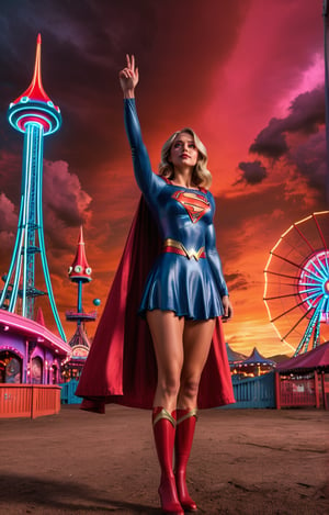 ((Full body angle:1.4)), supergirl, a hand up, Standing in front of the spooky amusement park, red sky at clouds with ufo, landscape, masterpiece, best quality, ultra-detailed, high resolution 8K),perfect,High detailed,perfecteyes