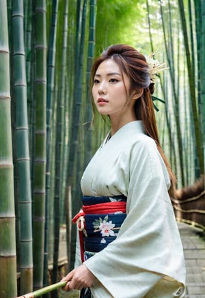 Prompt: One young Japanese woman, award-winning beautiful face, long hair blowing in the wind, charming, neat kimono, calm posture, 8k, raw, high resolution, masterpiece, dslr, hdr, background of Japanese bamboo forest with temple, film still, movie still, cinematic, movie still