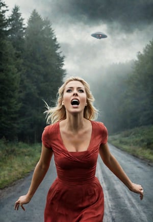 A complex horror film. A beautiful, slender, blonde, 26 year old British woman screams in terror, eyes wide open. ((A spooky, misty English country road, waist-high close-up of a frightened, frantic screaming woman in the foreground at the bottom of the frame, a large UFO hovers in the sky in the background.) Dramatic movement, atmosphere, cinematography, photography, pencil, watercolor, bright, rich colors, Gabriele Dello, Charles Victor Tillion, Karl Eugen Kiel, Carl Lundgren, pencil drawing