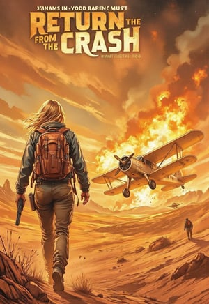 (survival action movie poster), (big title, Return from the crash), (main image, blonde American woman with backpack walking in the desert: 2.0), ((below, a crashed cessna plane bursting into flames in the desert: 2.0)), (realistic style: 2.0), perfect female anatomy, realistic and detailed, action movie, surreal, masterpiece,illustrated