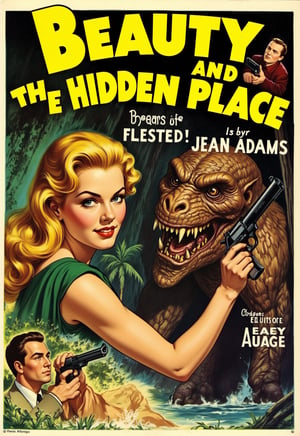 (old, vintage: 1.2), (adventure movie poster: 1.3), (big title, Beauty and The hidden place, subtitles: 1.3), (Jean Adams: 1.3), (main image, beautiful blonde woman exploring hidden place in jungle. overlapping scene of man fighting with gun against giant monster attacking her: 1.2),illustrated