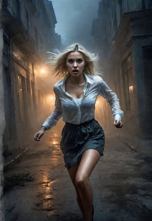 Complex horror movie, beautiful Ukrainian blonde woman is attacked by a creepy bombies from the fog in the middle of the night, running in fear, dramatic movement, foggy street corner, atmosphere, cinematography, photography, pencil, watercolor, bright and rich colors, Gabriele Dello, Charles Victor Tillion, Karl Eugen Kiel, Carl Lundgren, pencil drawing, ((Close-up angle))