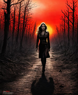 A complex horror movie, a nightmare, a beautiful American woman walking down a narrow road, a worried expression on her face, the ground on both sides is dead trees, moldy and rotten earth, blood-red sunset, movie poster style, cinematography, life photo, pencil, oil paint, Grzegorz Rozinski, Gabriele Delotto, pencil sketch, pencil sketch