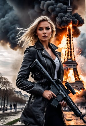 Beautiful American blonde woman with machine gun in hand in front of the burning and exploding Eiffel Tower in France, ominous sky, dramatic angle, realistic and detailed horror movie style, surreal, masterpiece,