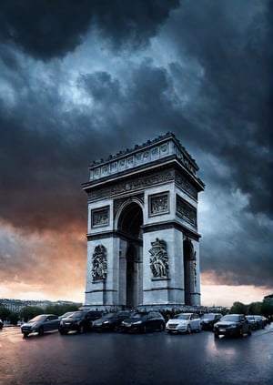 Panoramic view, France, Arc de Triomphe, eerie sky, dramatic angle, realistic and detailed action movie style, surreal, masterpiece,