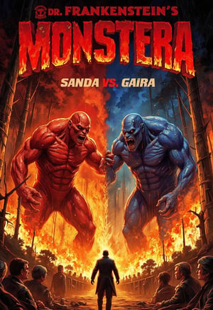 (horror movie poster), (big title, Dr. Frankenstein's monster: Sanda vs. Gaira), (Scene of two monsters fighting in a forest burning with tremendous flames: 2.0), (main image, two huge humanoid monsters (Sanda with red body and Gaira with blue body) fighting in a forest fire: 2.0)), (realistic style: 2.0), ((faces of male and female scholars watching the fight overlap at the bottom)), Realistic details, Horror movie, Surreal, Masterpiece, pavsok style,illustrated