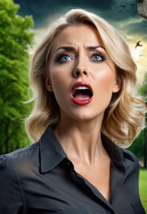 30 year old beautiful blonde British teacher woman standing in the park, eyes and mouth wide open in fear, unconscious, dramatic angle and pose, perfect female anatomy, realistic and detailed horror movie poster style, UFO in the spooky sky, masterpiece,