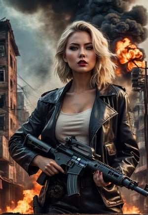 Beautiful American blonde woman in a killer style, machine gun in hand, in front of a burning Chinese downtown, eerie sky, dramatic angle, realistic and detailed horror movie style, surreal, masterpiece,