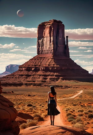 Delia Boccardo stands in Monument Valley (in full view of the landscape), (highly detailed HD), dramatic angles and poses, perfect female anatomy, UFOs in the sky, realistic details, Retro suspense horror movie style, super realistic, masterpiece,