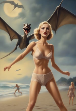 1930s, Pteranodon flies over a blonde British woman (wearing lacy underwear), scaring her into fleeing, on the spooky beach, realistic, detailed, horror movie-esque, surreal, masterpiece
