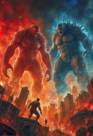 (horror movie poster), (big title, Dr. Frankenstein's monster: Sanda vs. Gaira), (scene of two monsters fighting in a burning city with tremendous flames: 2.0), (main image, two giant humanoid monsters (Sanda with red body and Gaira with blue body) fighting in a burning city: 2.0), (realistic style: 2.0), ((close-up of the male and female chemists who created them overlaps at the bottom)), realistic details, horror movie, surreal, masterpiece