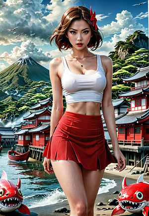 too many Japanese Yokai monsters attack a ((white tank-top and red skirt)) white-skinned beautiful British woman, she in fear, wide-open eyes, barefoot, white panty only, dramatic angles and poses, perfect female anatomy, realistic and detailed, retro horror movie Style, creepy midnight of Japanese fisherman's village island harbor, super realistic, masterpiece,