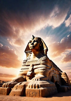 Panoramic view, Egypt, Sphinx statue, eerie sky, dramatic angle, realistic and detailed action movie style, surreal, masterpiece,