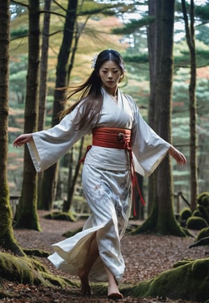 ((full body angle)), Beautiful Japanese shrine maiden woman, award-winning beautiful face, long hair blowing in the wind, charming and beautiful, ((too many monsters attack her)), 8k, raw, high resolution, masterpiece, hdr, in spooky forest, film still, horror movie still, cinematic, horror movie still