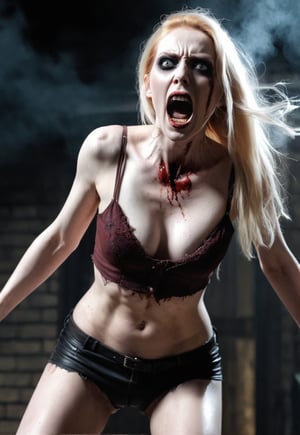 ((full body angle)), few ugly men attack a  beautiful very pale skin zombie British woman, she screams in fear and big wide open eyes, dramatic angles and poses, perfect female anatomy, realistic and detailed, horror movie style, super realistic, masterpiece,