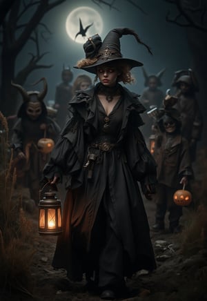 woman in elegant Halloween costume, walking through moonlit spooky meadow on Halloween night, hair in ponytail, spooky atmosphere, (((lantern in hand))), Halloween theme, candy hunt setting, devil children procession behind